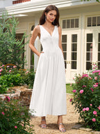 Deep V-Neck Bow Tie Ruched Corset Dress with Pockets