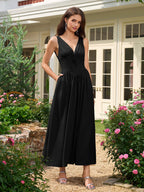 Deep V-Neck Bow Tie Ruched Corset Dress with Pockets