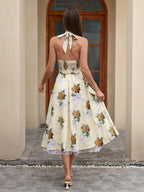Deep V-Neck Halter Lace Spliced Floral Dress