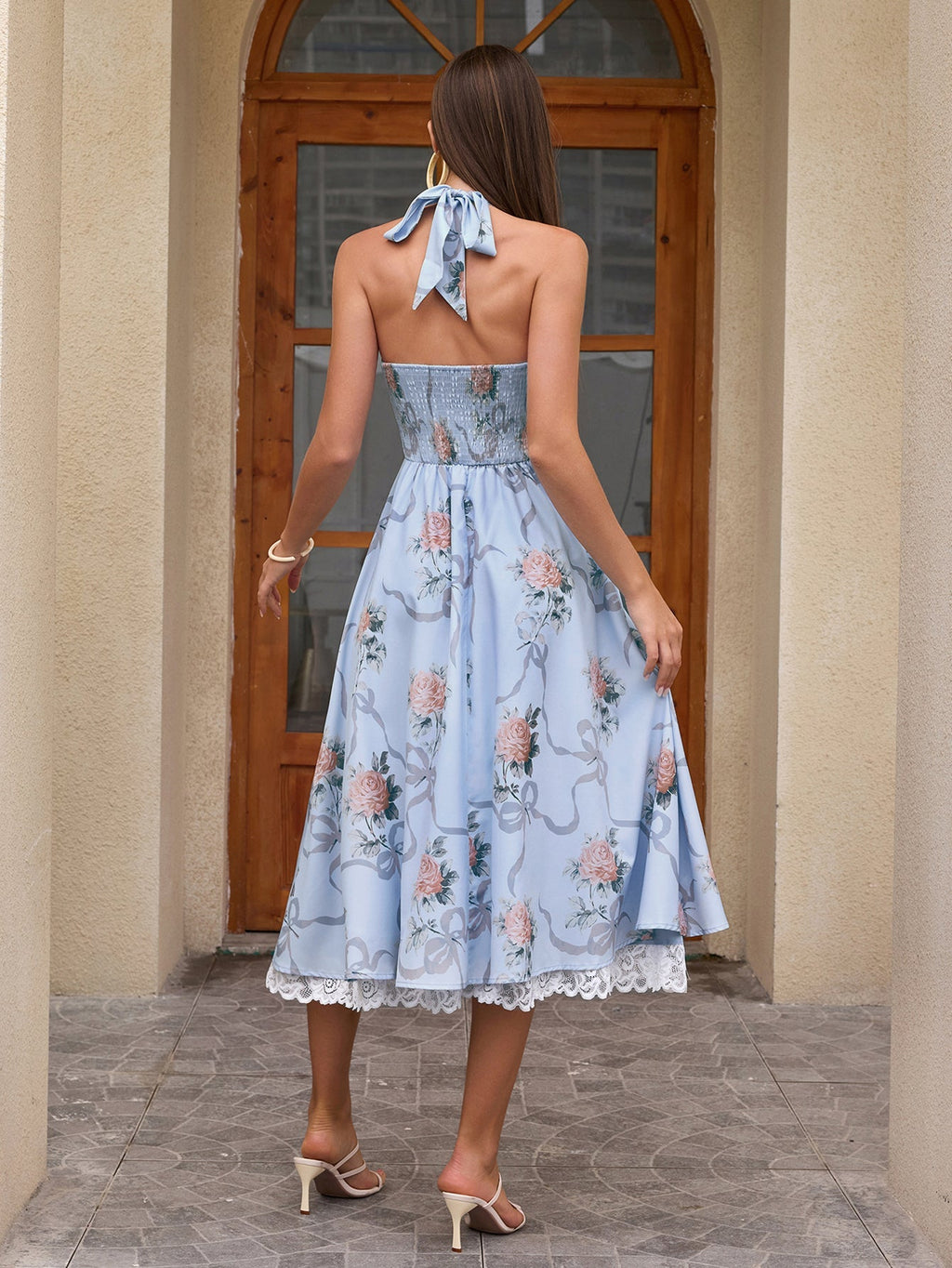 Deep V-Neck Halter Lace Spliced Floral Dress
