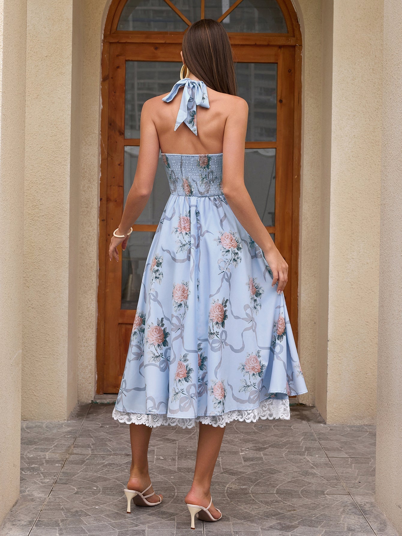Deep V-Neck Halter Lace Spliced Floral Dress