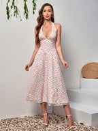 Deep V-Neck Halter Lace Spliced Floral Dress
