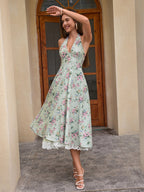 Deep V-Neck Halter Lace Spliced Floral Dress