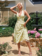 Deep V-Neck Halter Lace Spliced Floral Dress