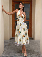 Deep V-Neck Halter Lace Spliced Floral Dress
