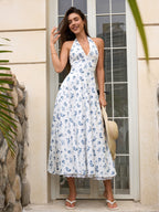Deep V-Neck Halter Lace Spliced Floral Dress