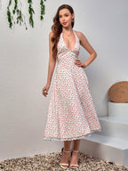 Deep V-Neck Halter Lace Spliced Floral Dress
