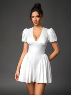 Deep V-Neck Puff Sleeve Pleated Satin Dress