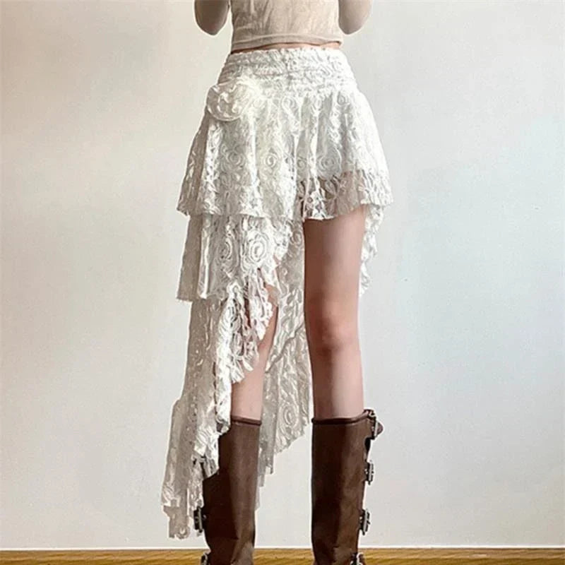 Floral Lace Tiered Asymmetric High Low Midi Skirt