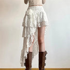 Floral Lace Tiered Asymmetric High Low Midi Skirt