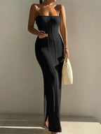 Ribbed Knit Spaghetti Strap Square Neck Open Knit Panel Bodycon Maxi Dress