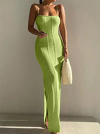 Ribbed Knit Spaghetti Strap Square Neck Open Knit Panel Bodycon Maxi Dress
