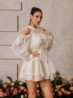 Cold Shoulder Ruffle Button Front Tiered Mini Dress