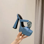 Denim Blue Crystal Flower Design Peep Toe Platform Slippers Thick High Heel High Heel