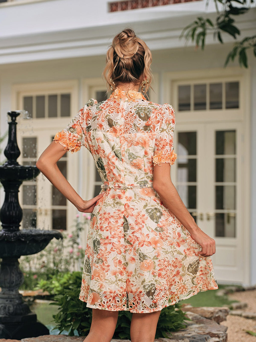 Eyelet Lace Floral Mock Neck Puff Sleeve Braided Belt Mini Dress