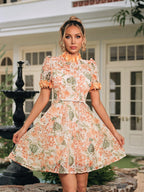 Eyelet Lace Floral Mock Neck Puff Sleeve Braided Belt Mini Dress