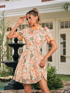 Eyelet Lace Floral Mock Neck Puff Sleeve Braided Belt Mini Dress
