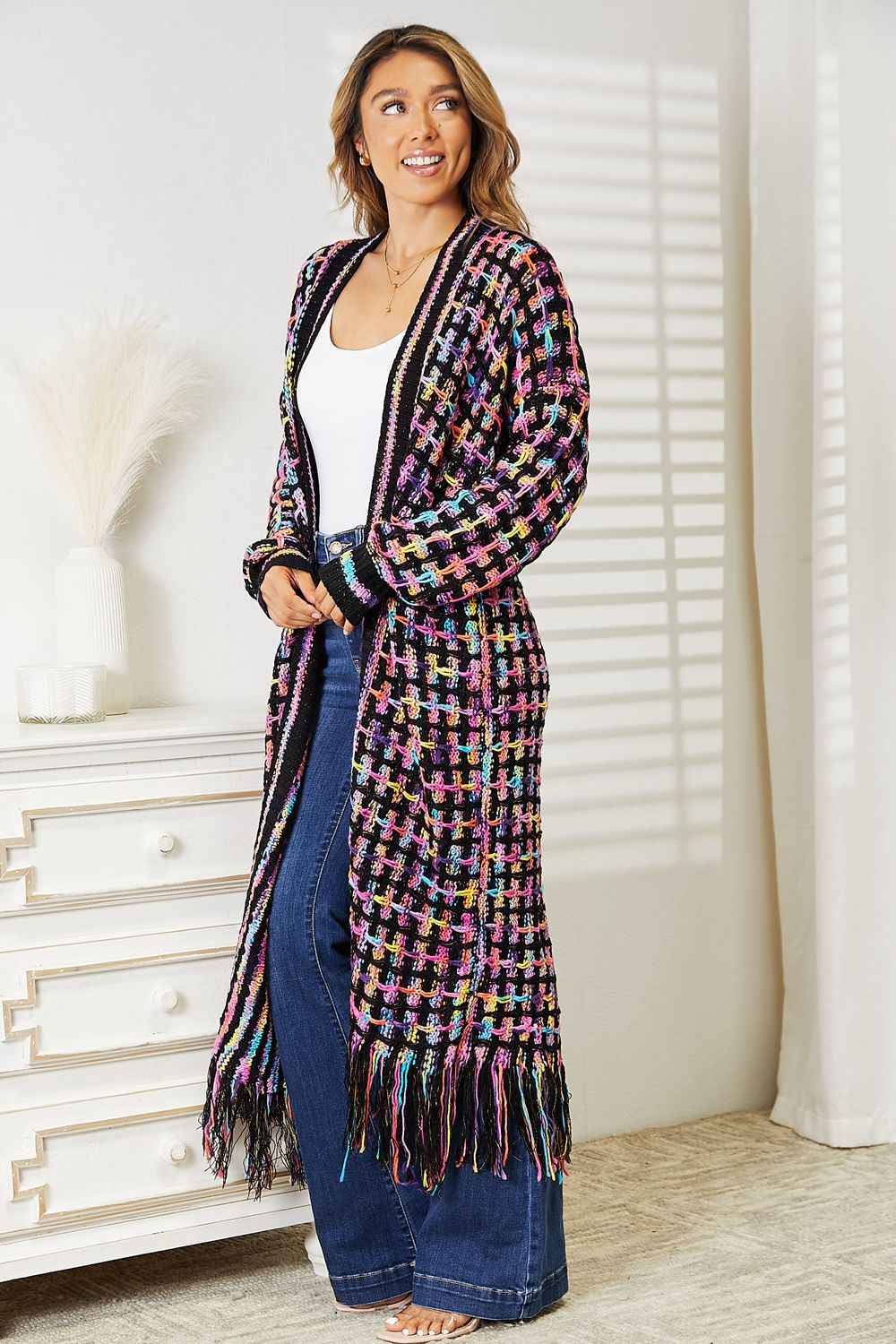 Blue Zone Planet | Double Take Full Size Multicolored Open Front Fringe Hem Cardigan