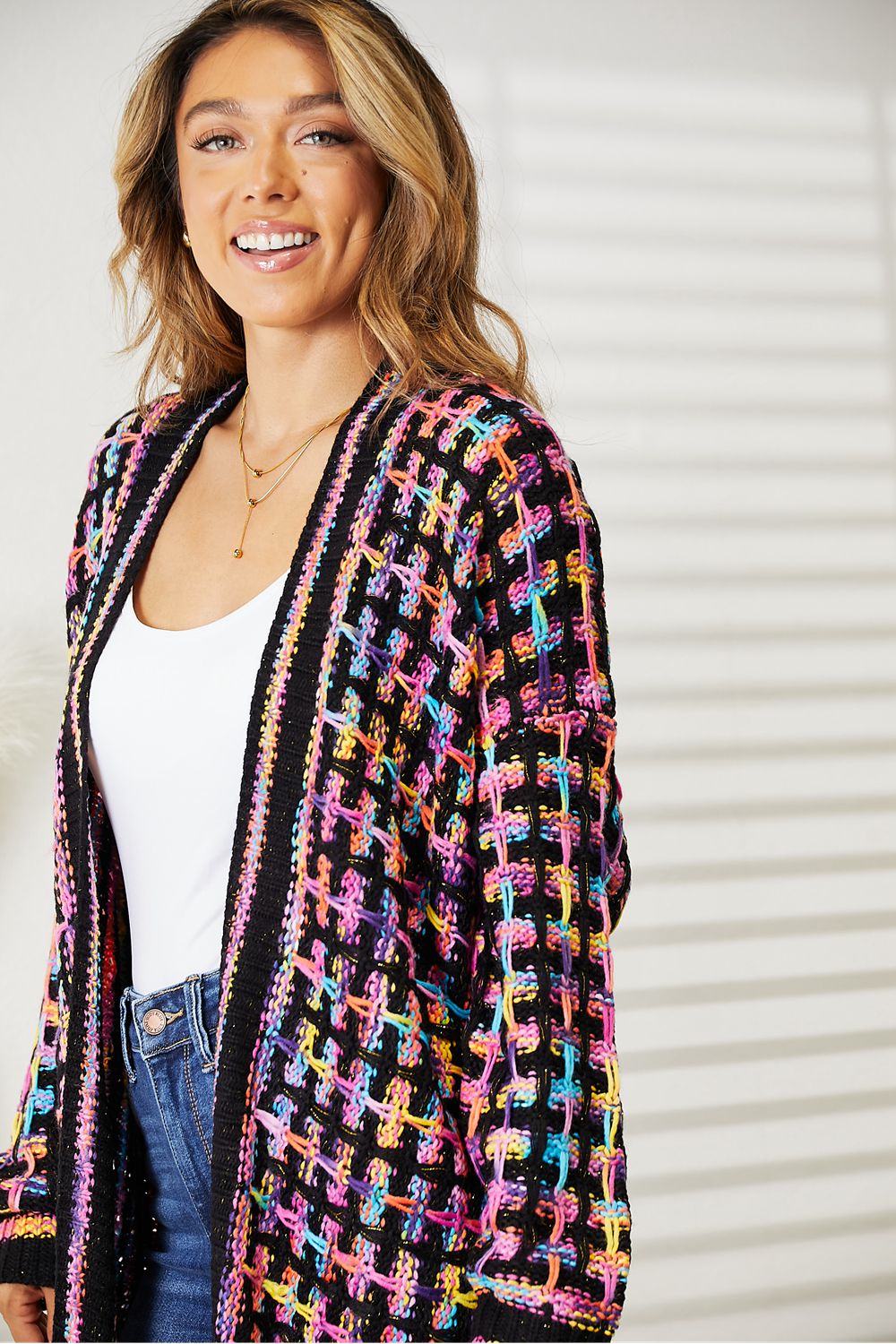 Blue Zone Planet | Double Take Full Size Multicolored Open Front Fringe Hem Cardigan