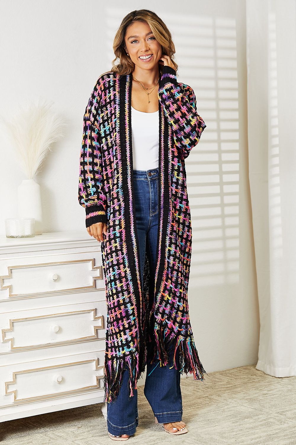 Blue Zone Planet | Double Take Full Size Multicolored Open Front Fringe Hem Cardigan