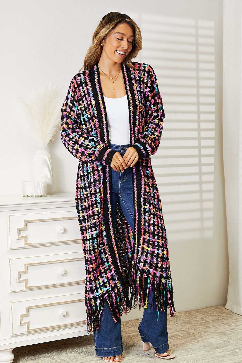 Blue Zone Planet | Double Take Full Size Multicolored Open Front Fringe Hem Cardigan