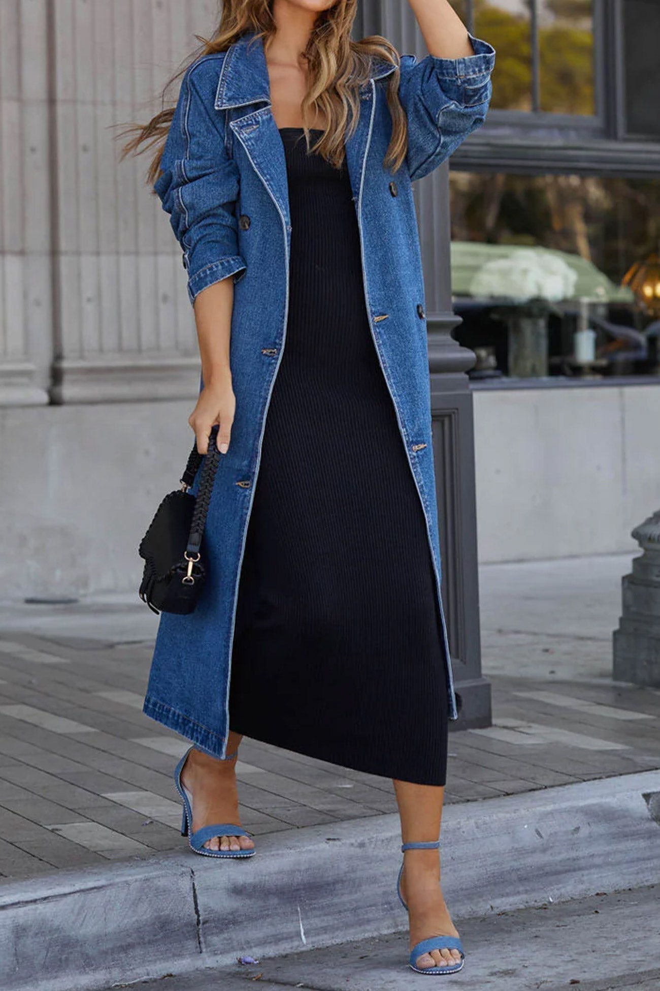 | Double-breasted denim trench coat
