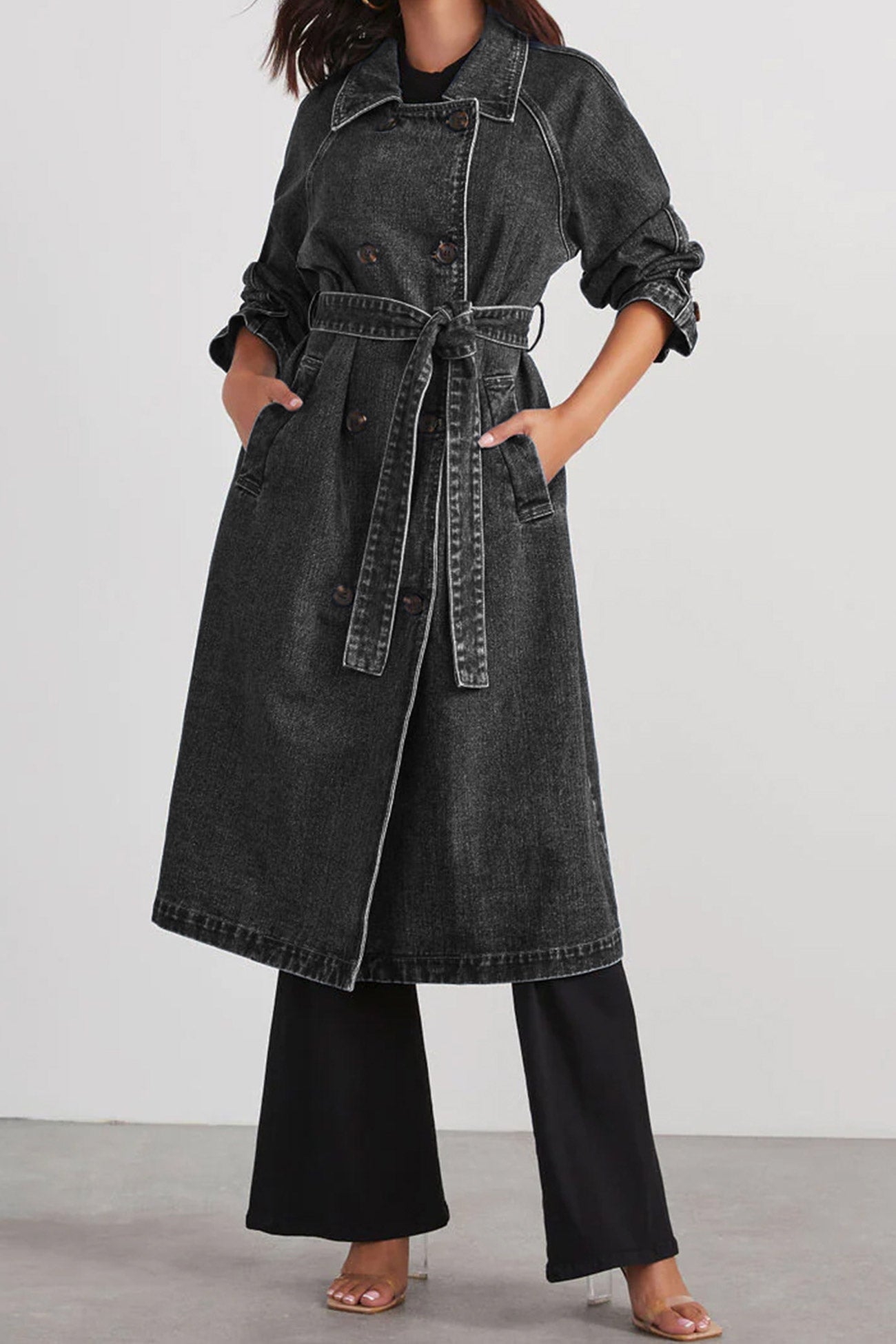 | Double-breasted denim trench coat