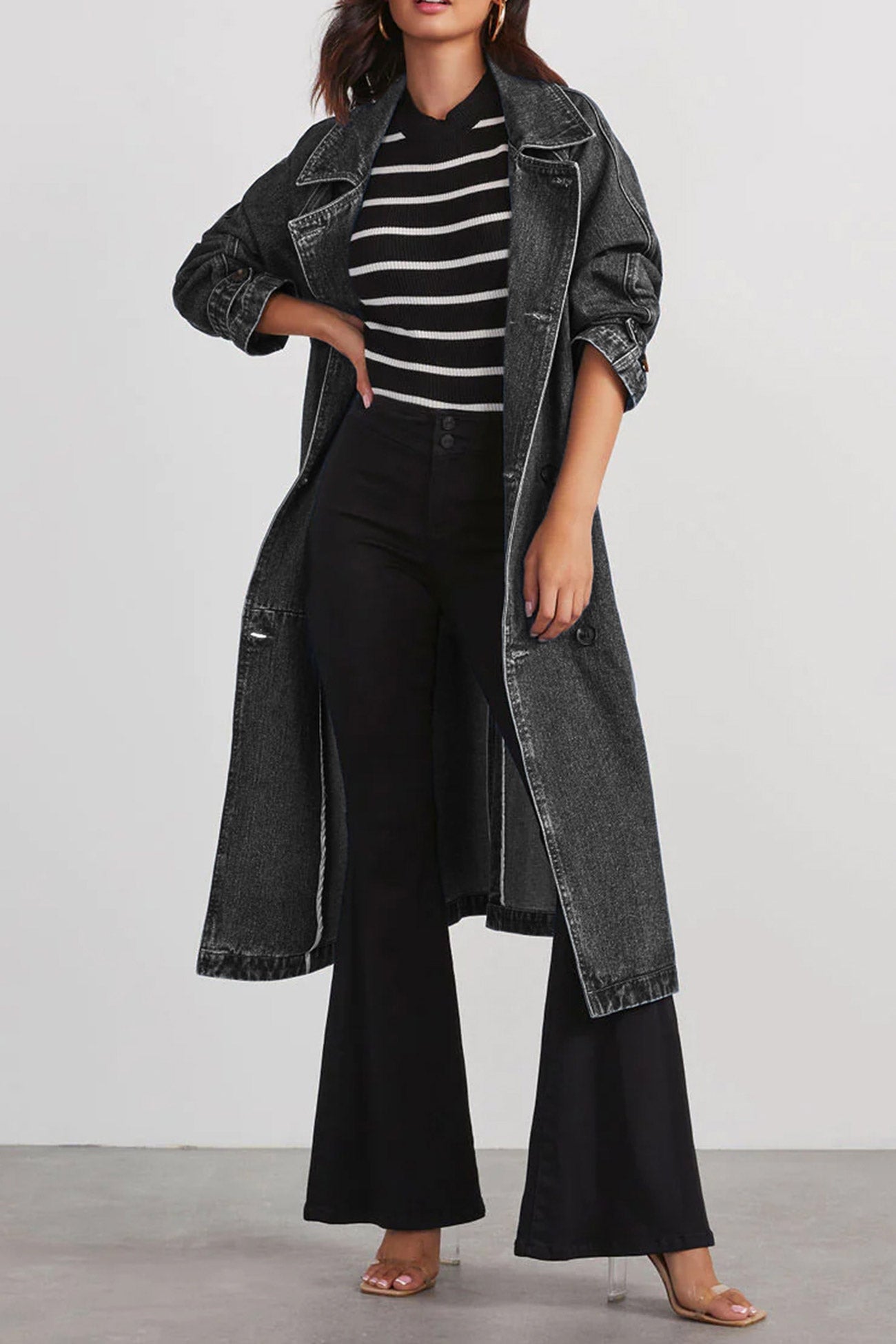 | Double-breasted denim trench coat