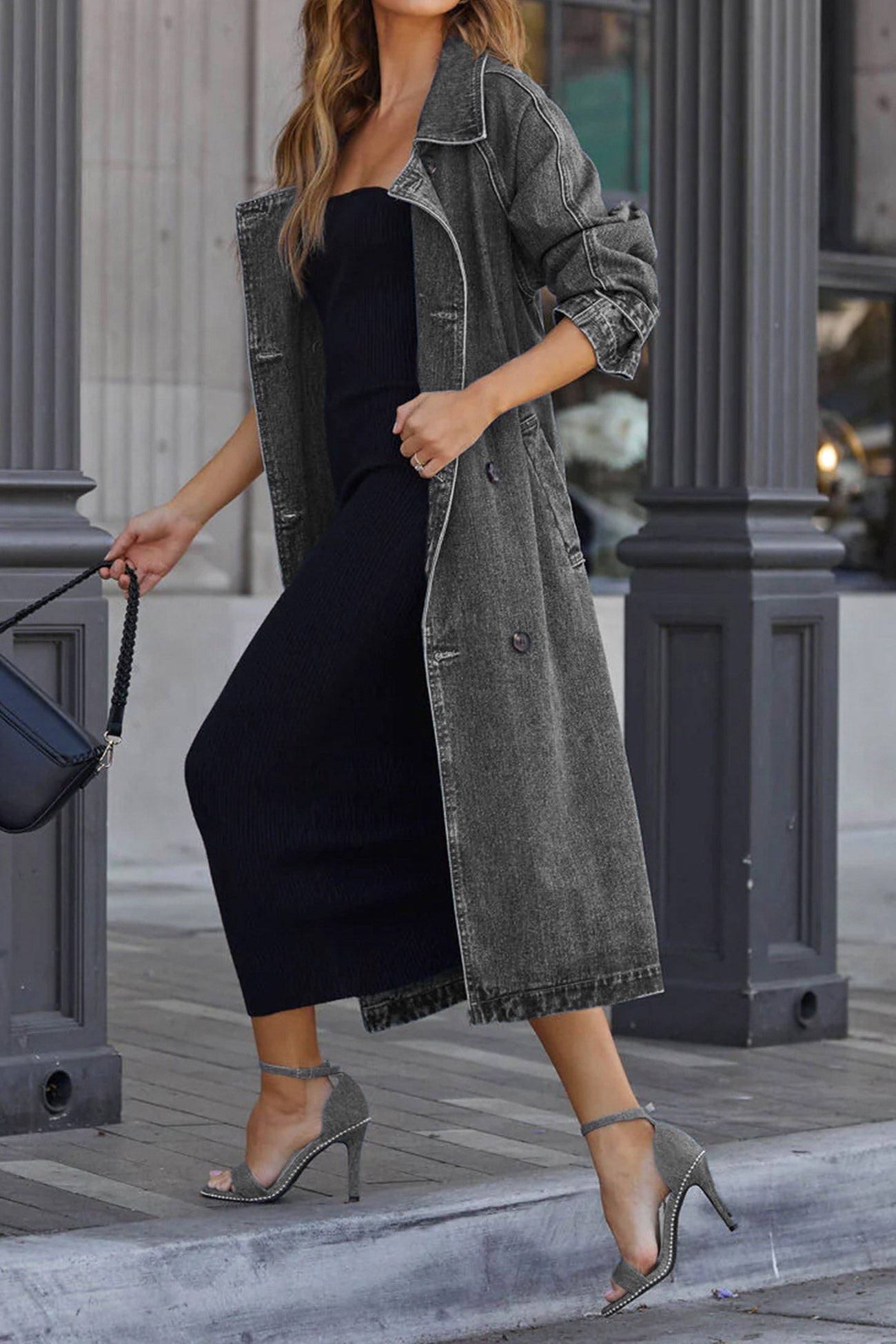 | Double-breasted denim trench coat