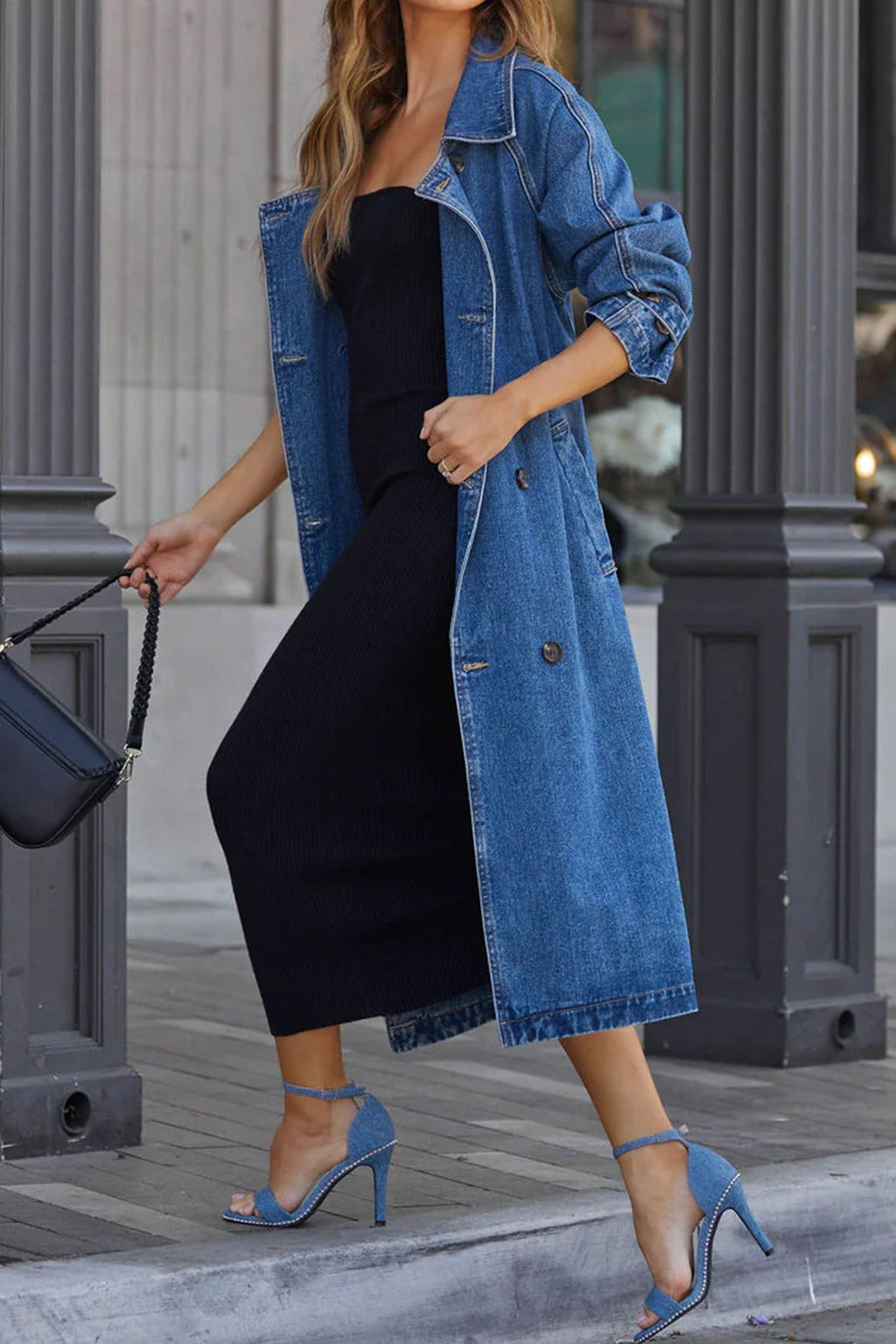 | Double-breasted denim trench coat