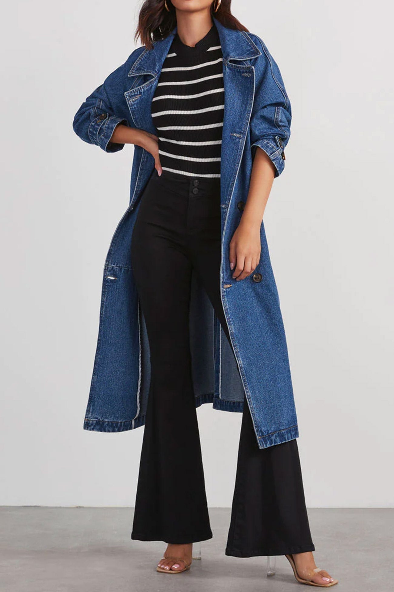 | Double-breasted denim trench coat
