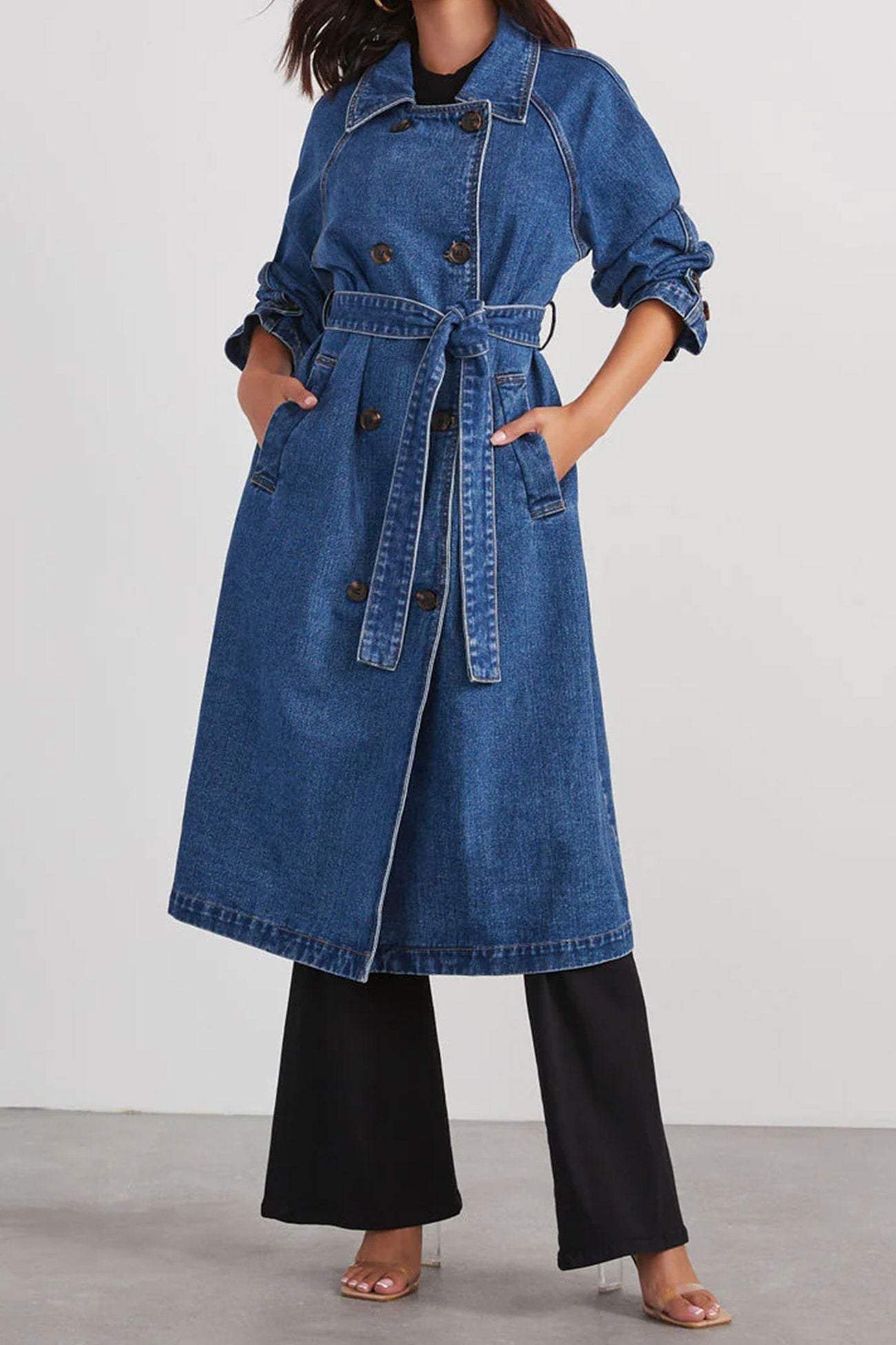 | Double-breasted denim trench coat