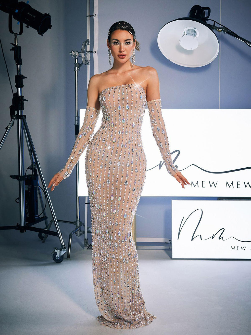 Strapless Rhinestone Column Maxi Dress With Embellished Gloves