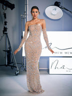 Strapless Rhinestone Column Maxi Dress With Embellished Gloves