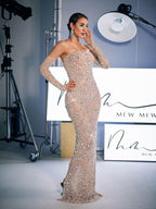 Strapless Rhinestone Column Maxi Dress With Embellished Gloves