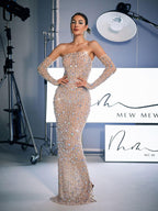 Strapless Rhinestone Column Maxi Dress With Embellished Gloves