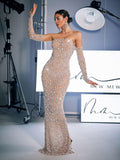 Strapless Rhinestone Column Maxi Dress With Embellished Gloves