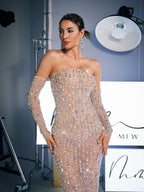 Strapless Rhinestone Column Maxi Dress With Embellished Gloves
