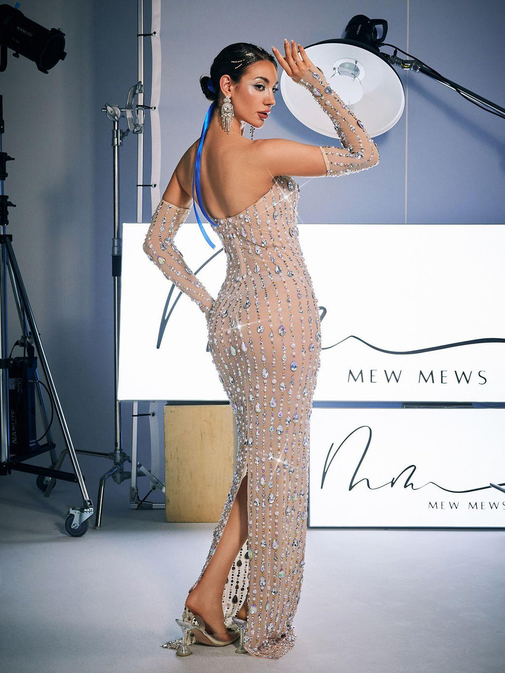 Strapless Rhinestone Column Maxi Dress With Embellished Gloves