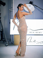 Strapless Rhinestone Column Maxi Dress With Embellished Gloves