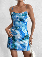 Draped Mesh Floral Print Cami Dress