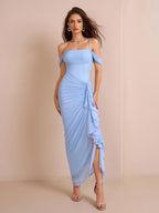 Draped Sleeve Ruched Crisscross Waist Asymmetrical Hem Mesh Dress