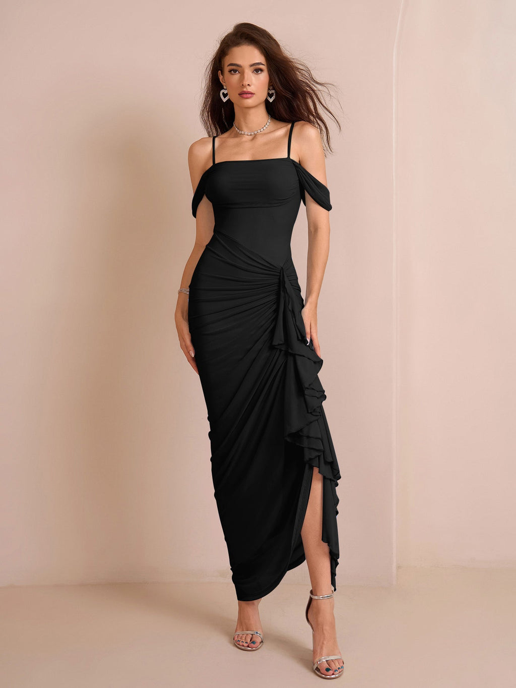 Draped Sleeve Ruched Crisscross Waist Asymmetrical Hem Mesh Dress