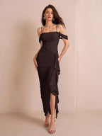 Draped Sleeve Ruched Crisscross Waist Asymmetrical Hem Mesh Dress