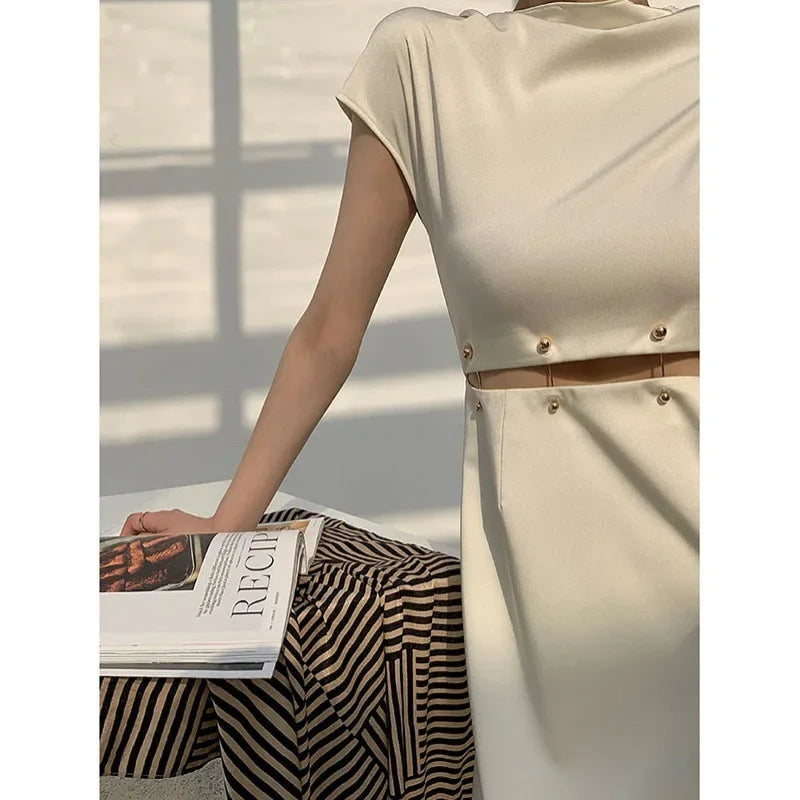 Mock Neck Button Trim Crop Top and Midi Skirt Set