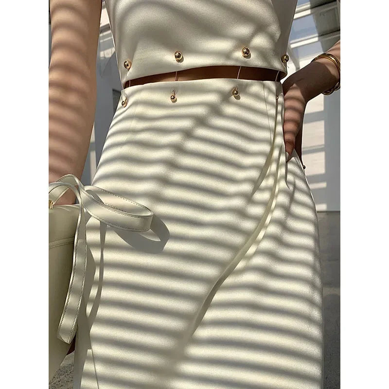 Mock Neck Button Trim Crop Top and Midi Skirt Set