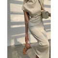 Mock Neck Button Trim Crop Top and Midi Skirt Set