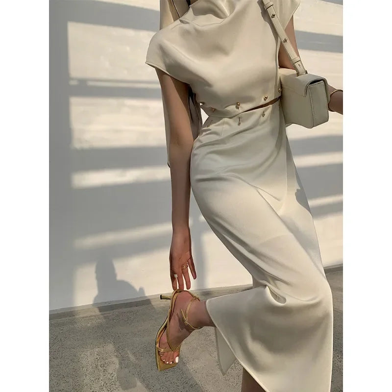 Mock Neck Button Trim Crop Top and Midi Skirt Set