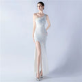 Dress Heavy Industry Beads Single Shoulder Diagonal Collar High Fork Sequined Dinner Dress
