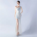 Dress Heavy Industry Beads Single Shoulder Diagonal Collar High Fork Sequined Dinner Dress